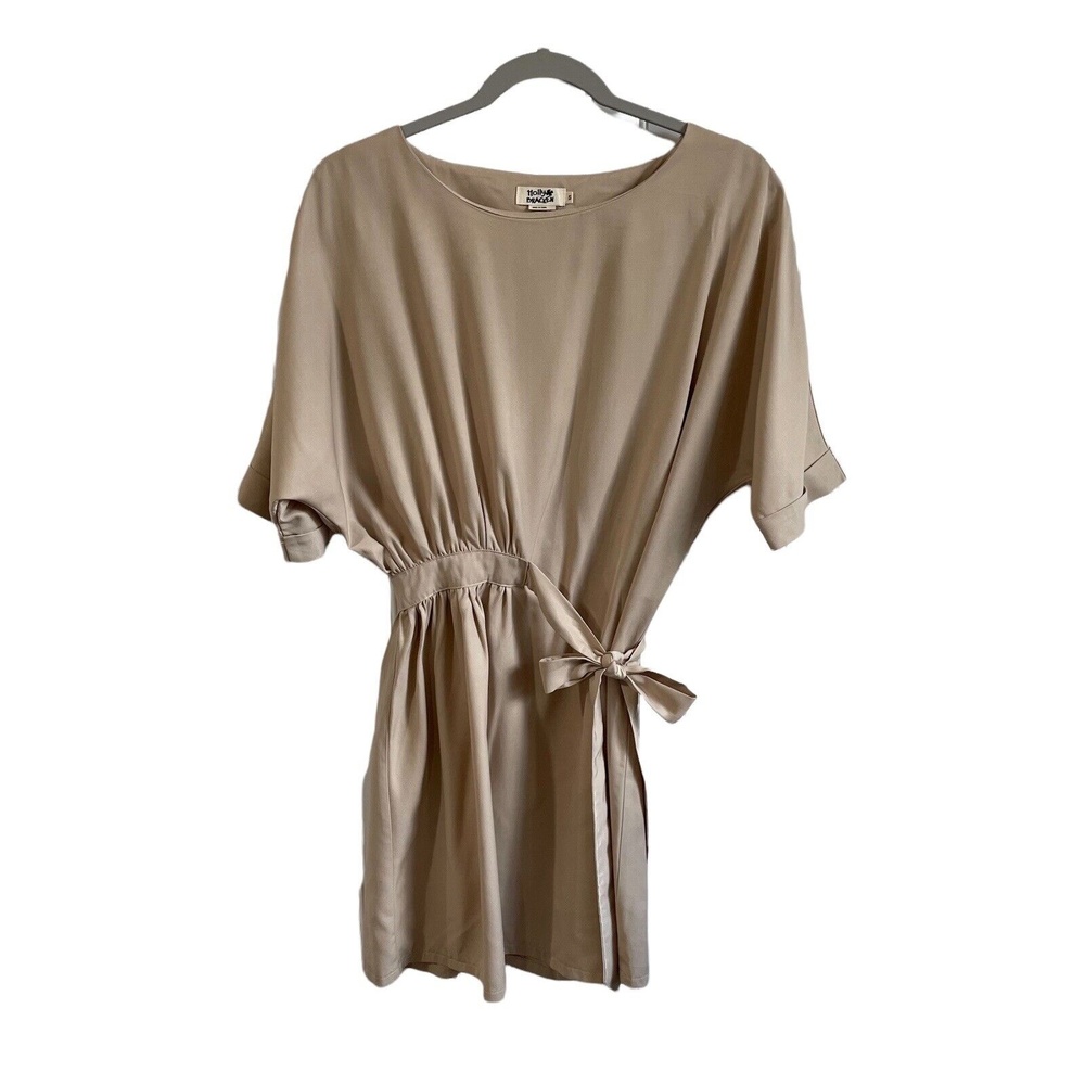 Molly Bracken Dress Womens Small Beige Tan Mini Dress Ruched Side Tie Waist‎